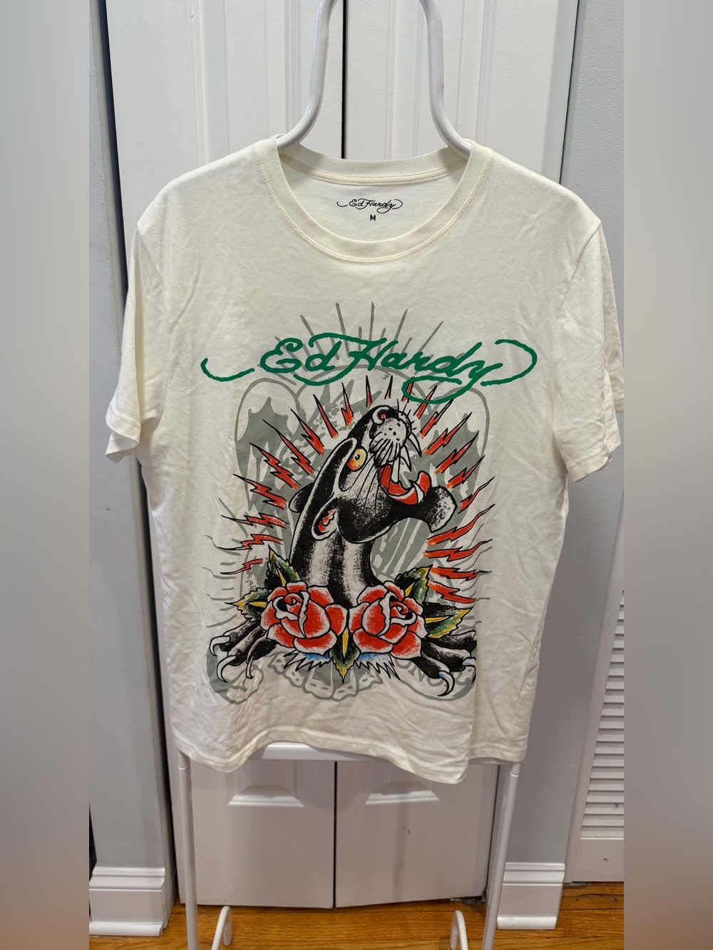 Ed Hardy Panther Rose Off-White Men’s Size M Designer T-Shirt
